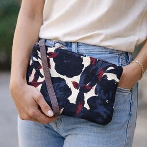 Jigsaw London Floral Navy Red Cream Canvas and Brown Leather Clutch